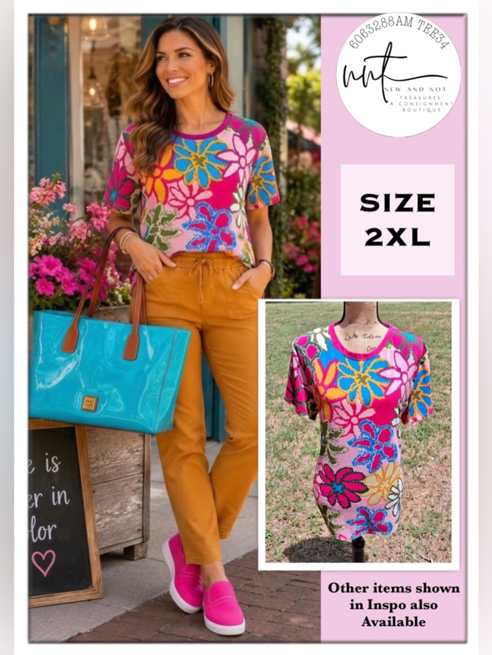 Colorful Floral Print Stretch Knit Tee Top Pink Blue Yellow Women’s 2XL (XL)
